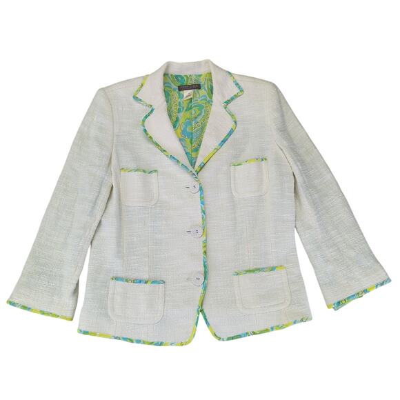 Vtg Sigrid Olsen Blazer Jacket‎ 3 Button Texture Women 12 White Floral Paisley - Picture 1 of 10